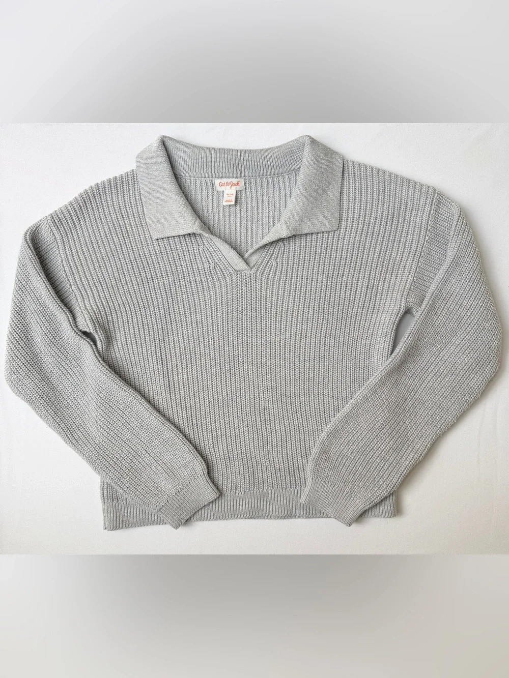 Cat & Jack Girls XL 14 Gray Ribbed Knit Collared Sweater